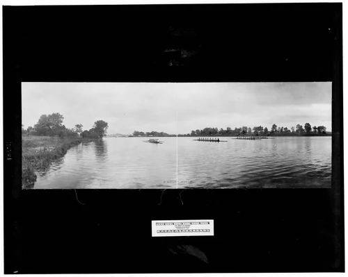 Four eight-oared shells on Carnegie Lake, Princeton, N.J.